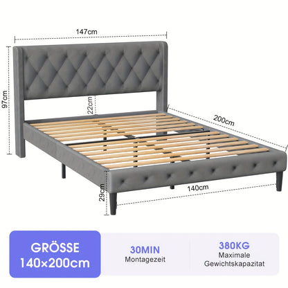 Tweepersoonsbed 140x200 cm – Gestoffeerd Bed – Bedframe Met Hoofdbord – Stabiel Bed Frame – Bed Met Opbergruimte – Zacht Stofbekleed – Lattenbodem Inclusief