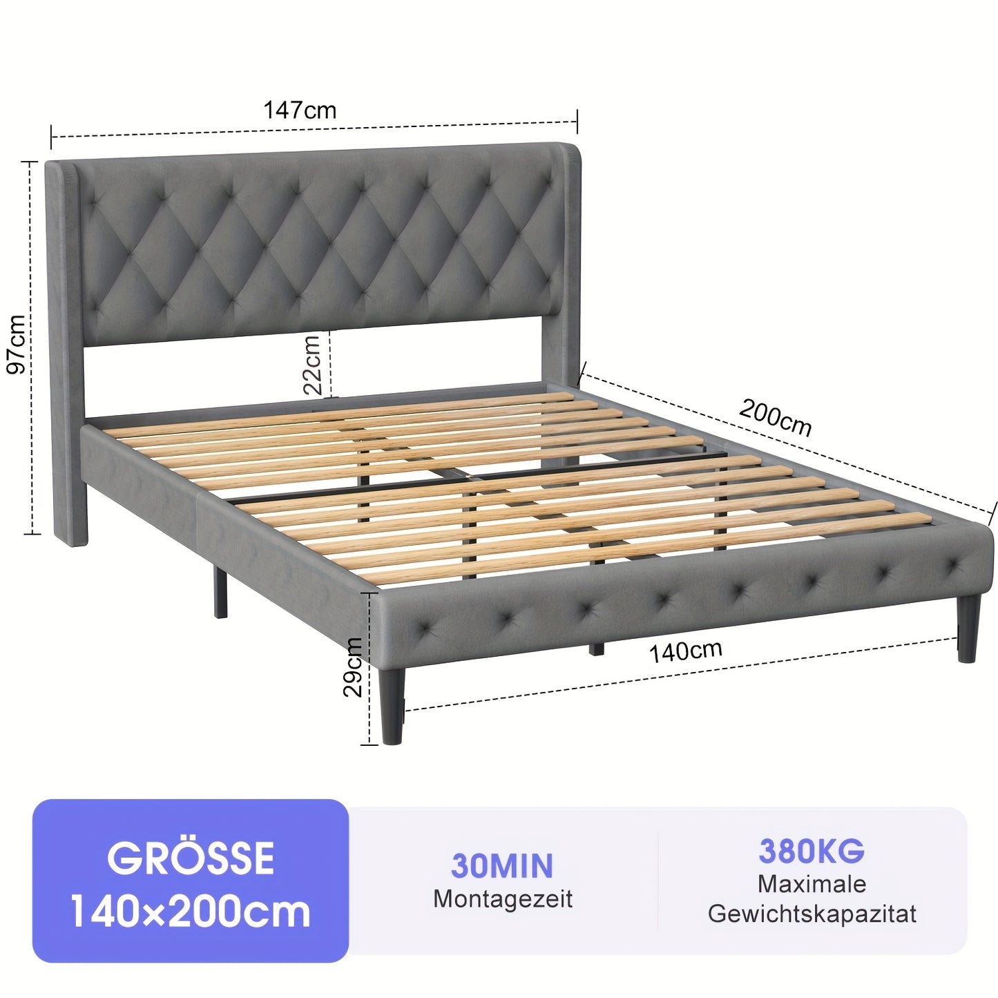 Gestoffeerd Tweepersoonsbed – Tweepersoonsbedframe – Bed met Hoofdeinde – Stoffen Bed – Bed met Opbergruimte – 140x200 cm – Stevig Houten Frame met Lattenbodem