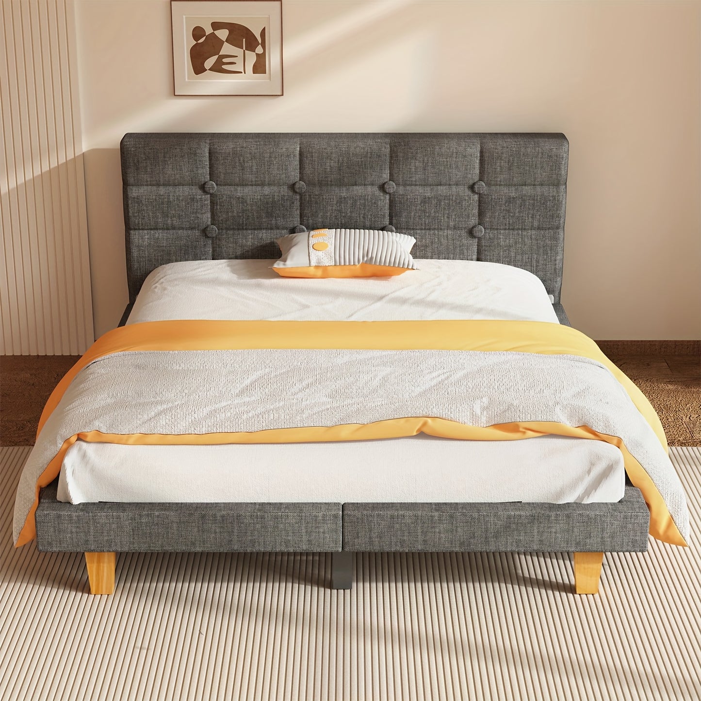 Bedframe – Bedframe Met Hoofdbord – Gestoffeerd Bed – Platformbed – Lattenbodem Bed – 90x200 cm – Stevige Houten Lattenbodem – Eenvoudige Montage Zonder Boxspring