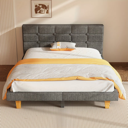Bedframe – Tweepersoonsbed – Platformbed – Boxspringloos Bed – Gestoffeerd Bed – 140x200 cm – Stevige Houten Lattenbodem – Eenvoudige Montage
