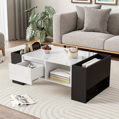 Salontafel – Koffietafel – Woonkamertafel – Bijzettafel – Lounge tafel – Modern Design – Hoogglans Zwart-Wit – Met Lade en Open Vak – 105x60x40,5 cm – Duurzaam Material