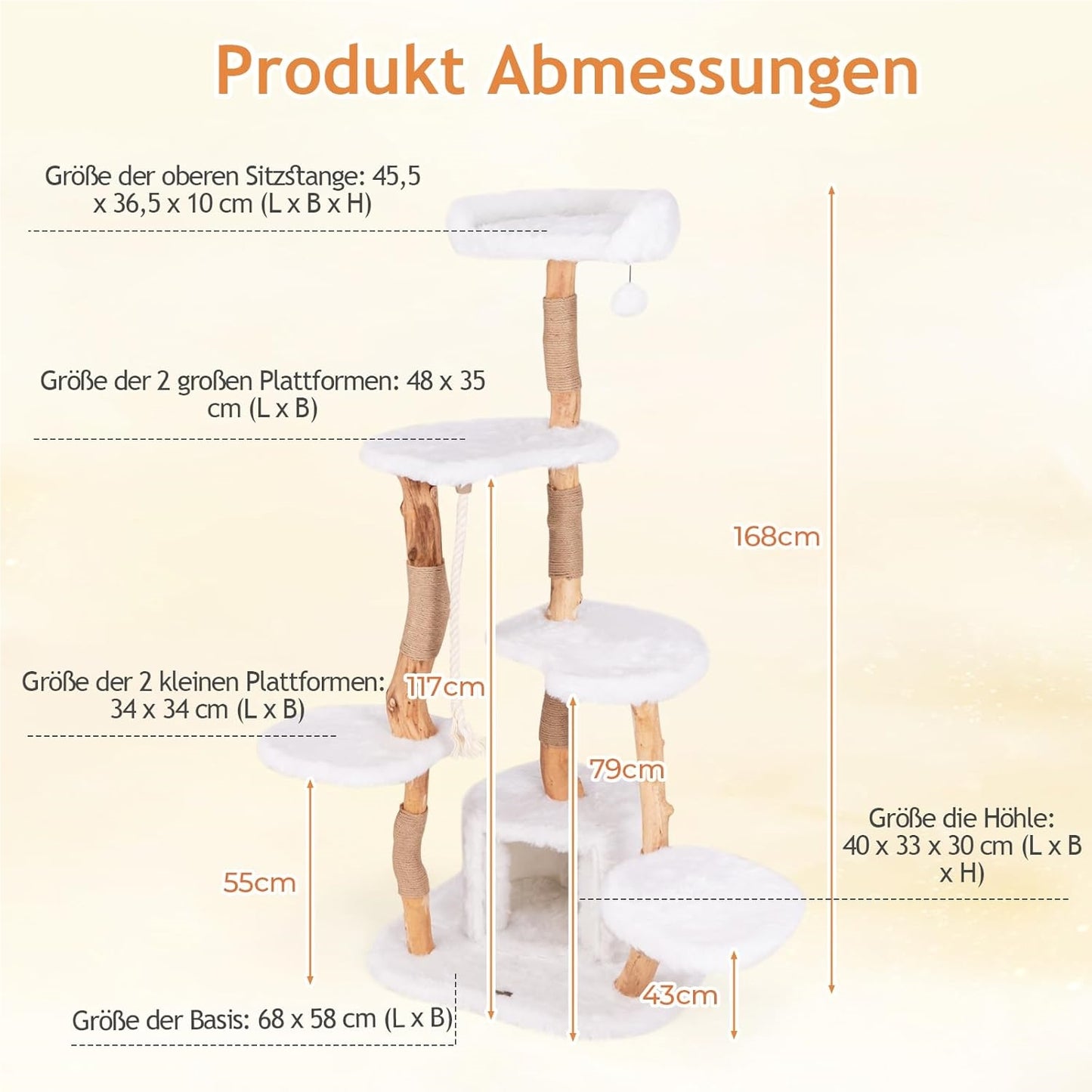 Houten Kattentoren – Krabpaal – Kattenboom – Speeltoren – Katmeubel – Massief Perenhout – Jute Krabpalen – Luxe Pluche Bekleding – 168 cm Hoog