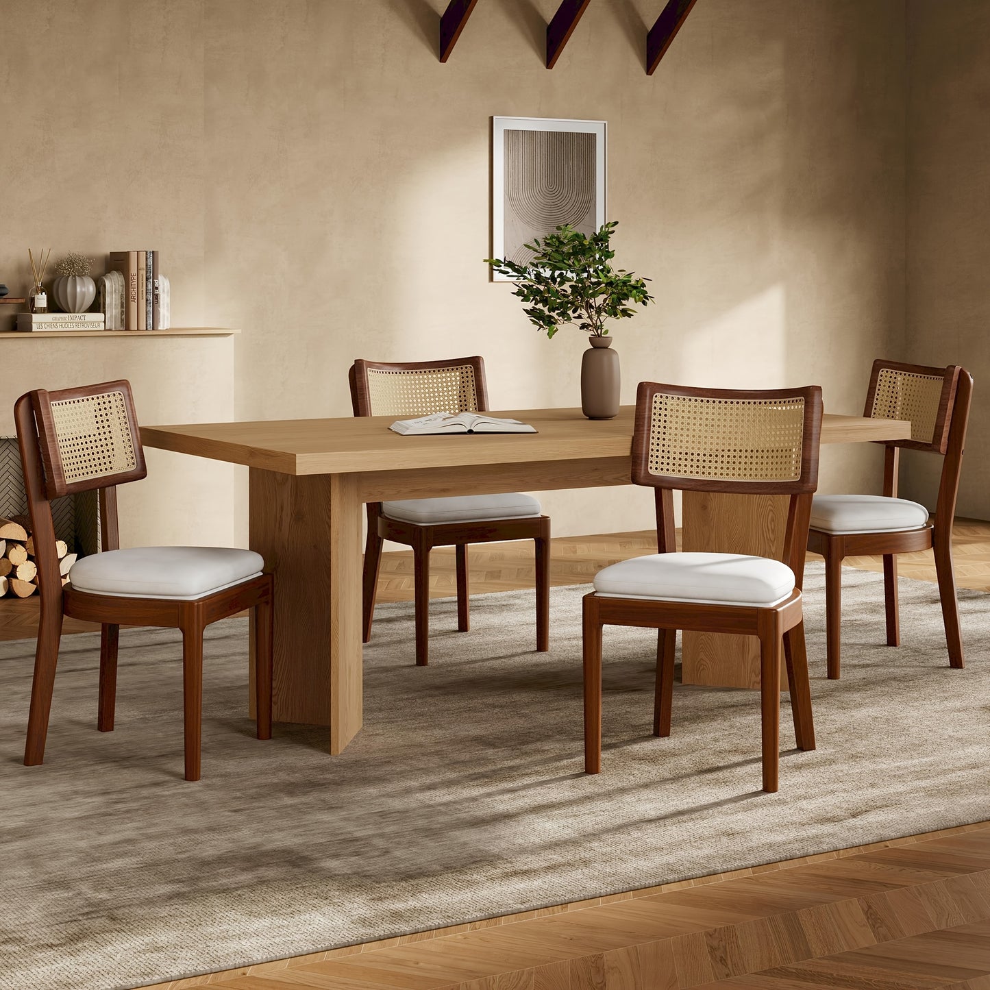 Eetkamerstoelen – Stoelen – Zitstoelen – Rattan Stoelen – Linnen Stoelen – Set van 2 – Gevlochten Rattan Rugleuning – Ademend en Comfortabel – Champagne Kleur