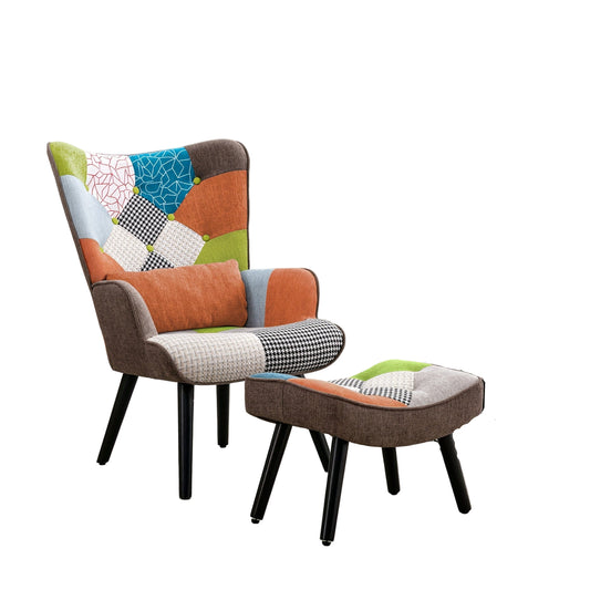 Relaxfauteuil – Fauteuil – Loungefauteuil – Leunstoel – Tv-fauteuil – Patchwork Design – Inclusief Lendenkussen – Linnen Bekleding – Massief Houten Poten – Oranje
