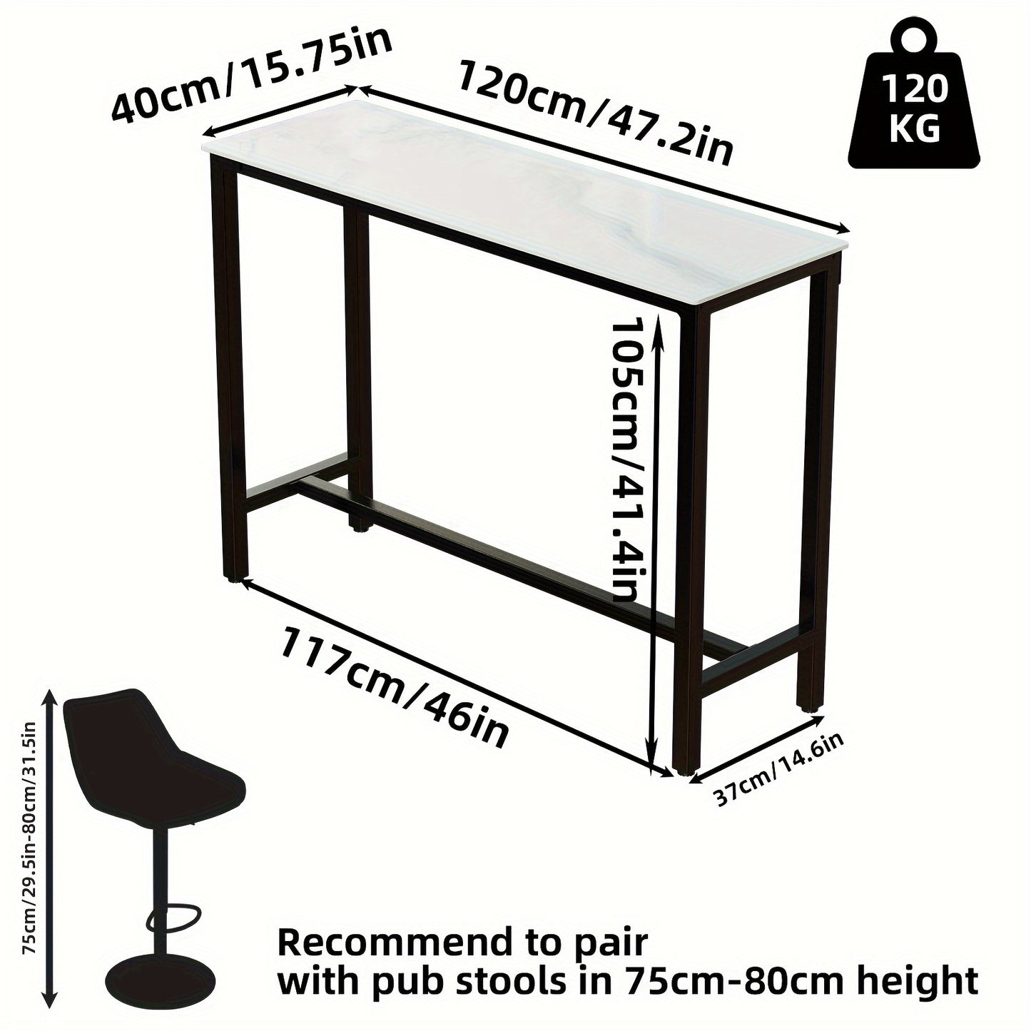 Bartafel – Statafel – Keukentafel – Bistrotafel – Barmeubel – Wit Sintersteen Blad – Zwart Metalen Onderstel – 120x40x105 cm – Duurzaam & Krasbestendig