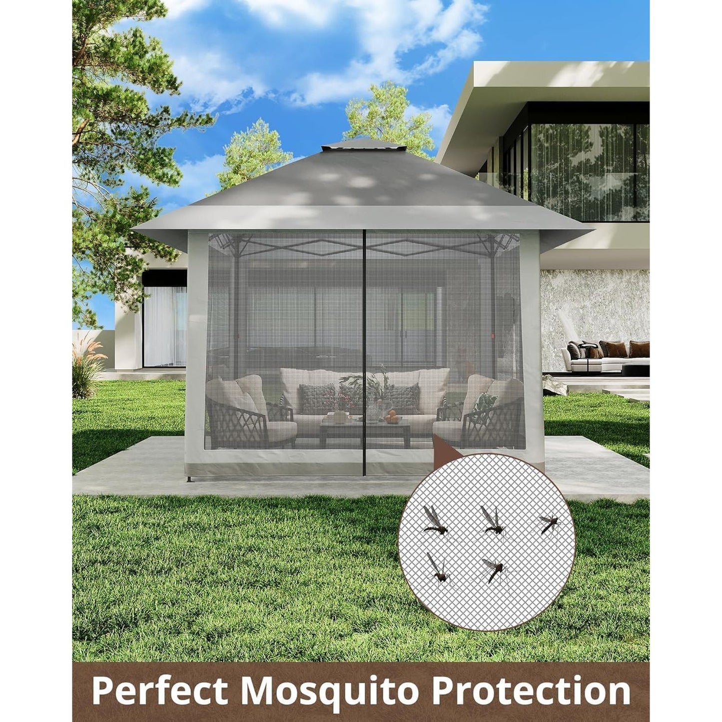 Pop-up Tent – Vouwtent – Zonnescherm – Partytent – Tuinentent – Verstelbare Canopy – Insectennet – Lichtgewicht Alloy Staal – Waterafstotende Oxford Stof – 365x365 cm – Draagbare Opbergtas – Donkergrijs/Grijs