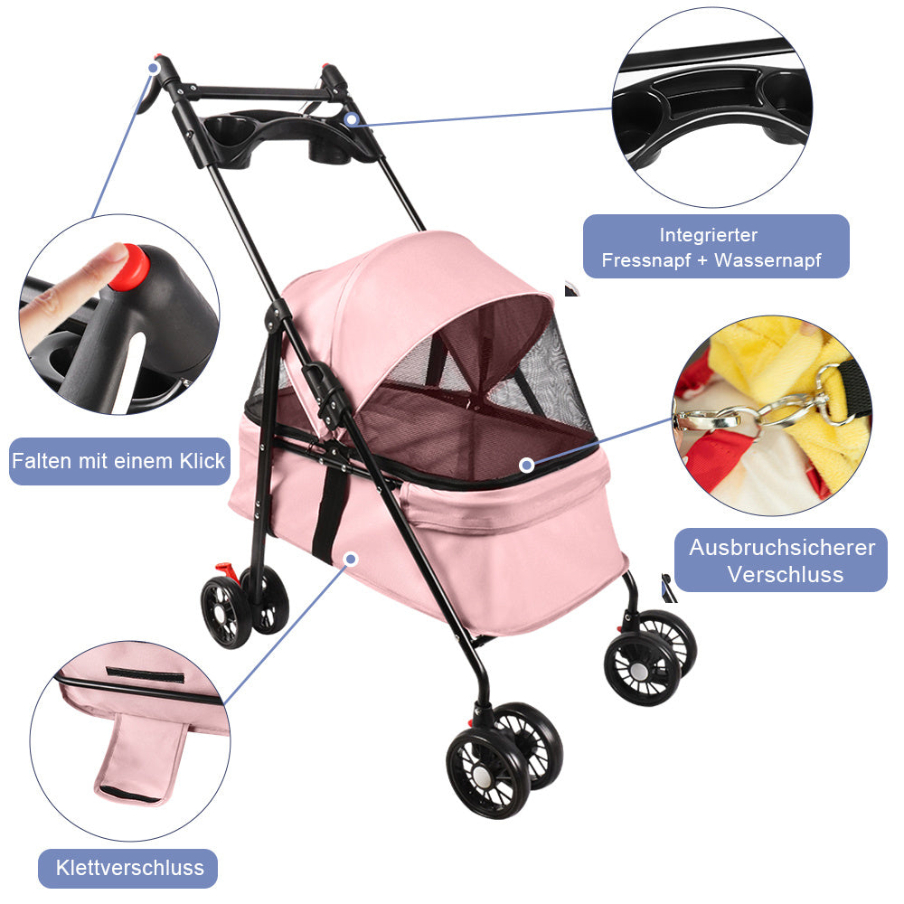 Inklapbare Hondenbuggy – Dierenwagen – Huisdierenwagen – Hondenkar – Kattenbuggy – Compact & Stevig Carbonstaal Frame – Max 15 Kg Draagvermogen – Roze 50x70x95 cm