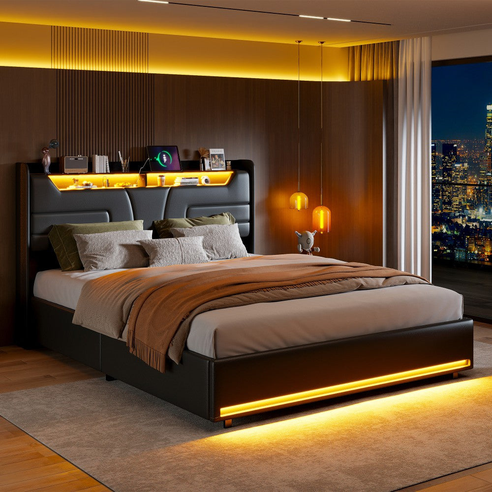 Tweepersoonsbed – Opbergbed – Bedframe – Stijlvol Bed – Gestoffeerd Bed – 160x200 cm – USB Type-C Oplaadpoort – LED Verlichting – 4 Ruime Lades