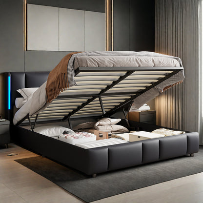 Dubbel Opbergbed – Opbergbed Met LED Verlichting – Bed Met Gasdrukveren – Bed Met USB Oplader – Stijlvol Slaapbed – 140x200 cm – PU Kunstleer Hoofdbord – Metalen Frame