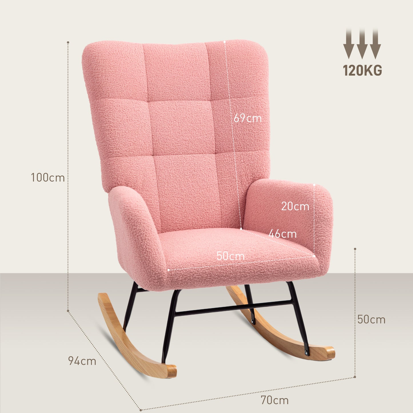 Schommelstoel – Relaxstoel – Fauteuil – Schommelstoelen – Loungestoel – Teddy Velvet – Met Armleuningen – Houten Poten – 90°-115° Schommelbeweging – Brede Comfortabele Zitting – Roze