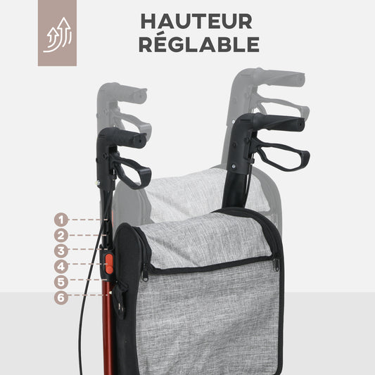 3-wiel rollator – wandelwagen – loophulp – rollator met remmen – inklapbare rollator – verstelbare hoogte 86,5-99 cm – lichtgewicht aluminium frame – met opbergtas – rood