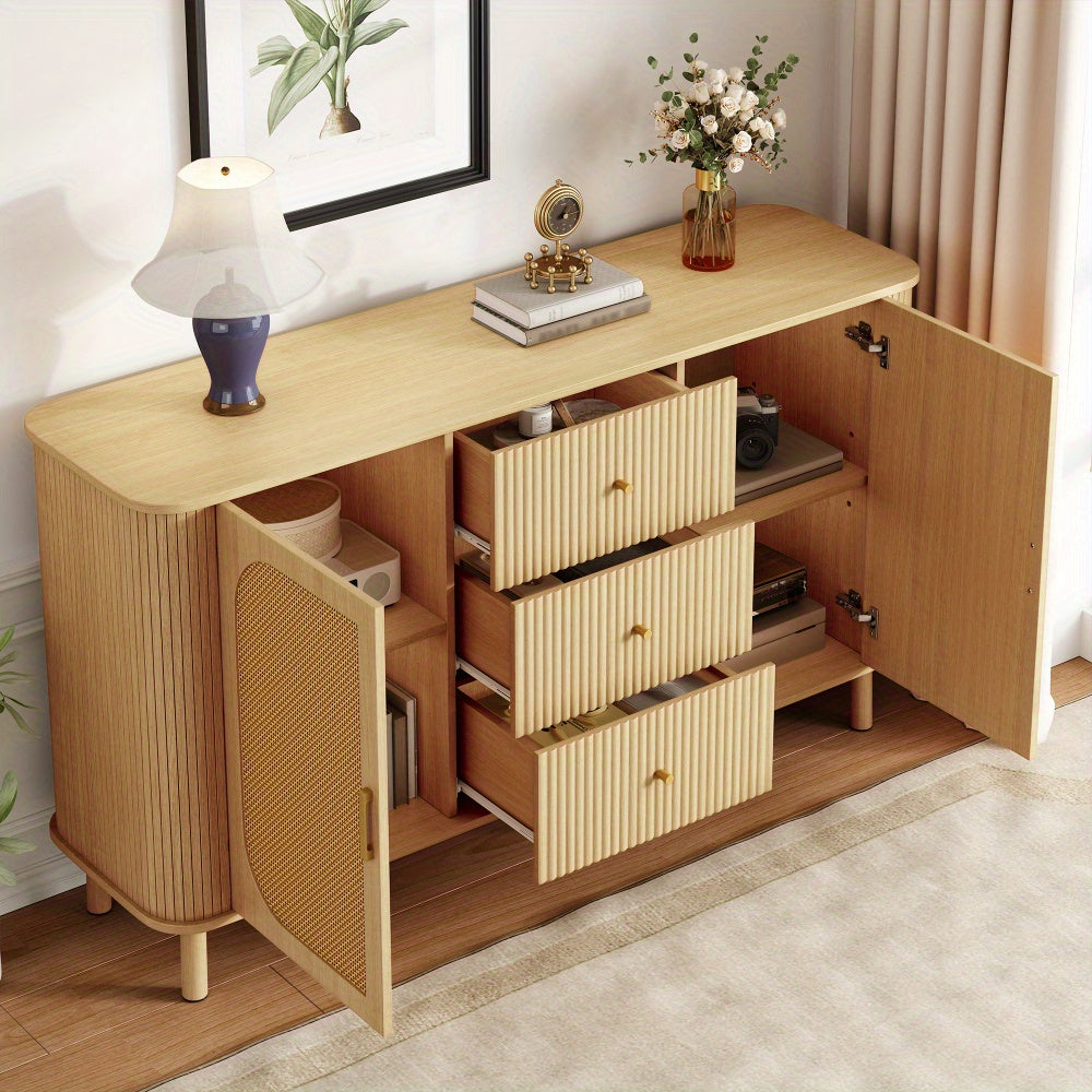 Dressoir – Opbergkast – Ladekast – Buffetkast – Commode – Modern Design – Duurzaam Materiaal – Licht Beige/Natuurlijke Bruin – Met Laden en Open Vakken – Stevige Metalen Poten