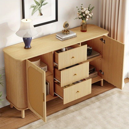 Dressoir – Opbergkast – Ladekast – Buffetkast – Commode – Modern Design – Duurzaam Materiaal – Licht Beige/Natuurlijke Bruin – Met Laden en Open Vakken – Stevige Metalen Poten