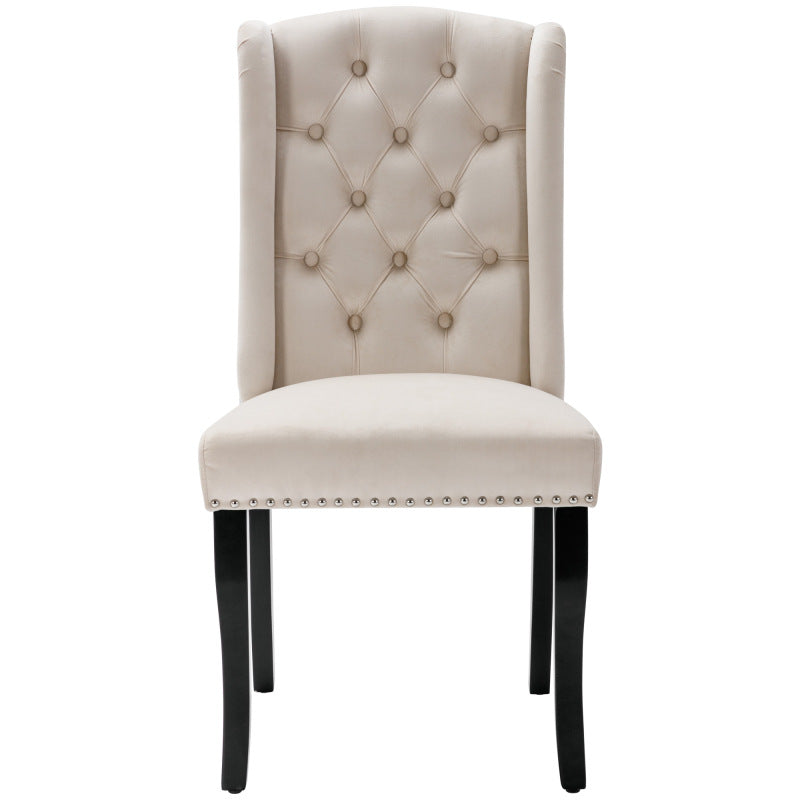 Eetkamerstoel – Dining Stoel – Kuipstoel – Keukenstoel – Fauteuil – Velvet Bekleding – Eikenhouten Poten met Chroom – Nailhead Details – Beige – Set van 2