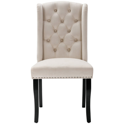 Eetkamerstoel – Dining Stoel – Kuipstoel – Keukenstoel – Fauteuil – Velvet Bekleding – Eikenhouten Poten met Chroom – Nailhead Details – Beige – Set van 2