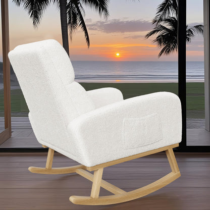 Schommelstoel – Schommelstoel met Wol – Loungestoel – Relaxstoel – Wit – Zachte Schapenwolvulling – Hoge Ergonomische Rugleuning