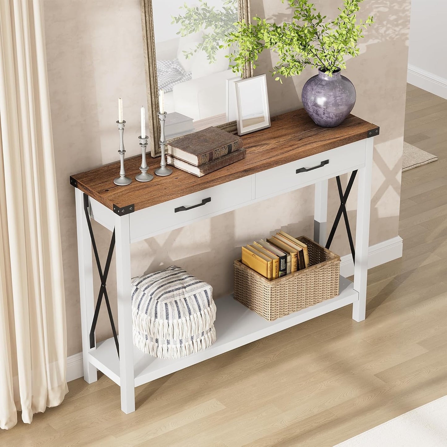 Dressoir – Opbergkast – Ladekast – Sideboard – Buffetkast – Industrieel Smal Design – Metalen Frame & Houtlook Bovenblad – 79 cm Breed – Wit/Zwart