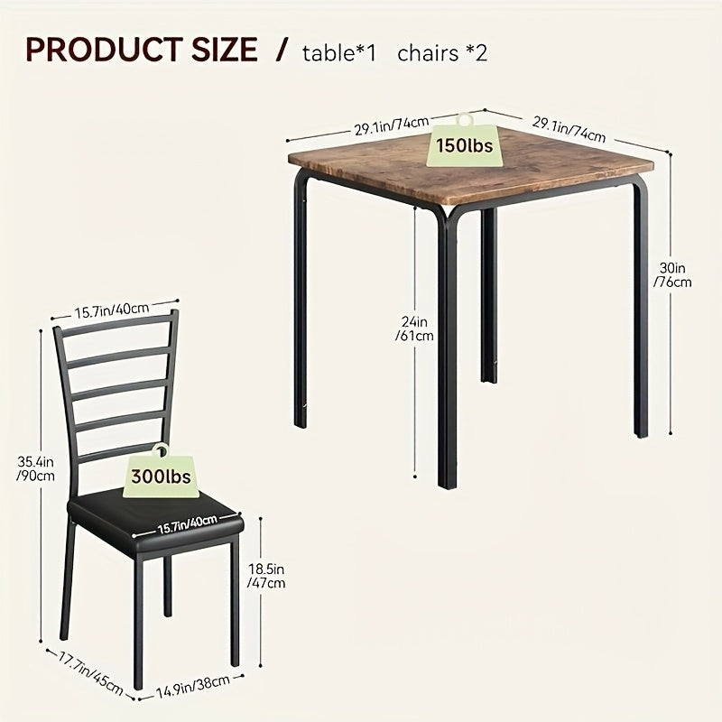 Eettafelset – Eethoek – Keukentafelset – Zitgroep – Meubelset – Compact Design – Hardhout en Metaal – 3-delig – Voor 2 Personen