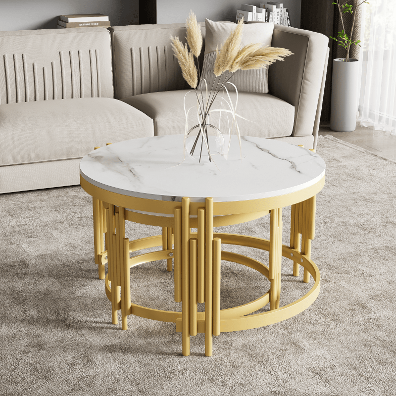 Modulaire Salontafel Set – Koffietafel – Bijzettafel – Ronde Tafels – Marmerlook Tafel – Gouden Metalen Frame – Twee Maten – Licht & Stevig Design