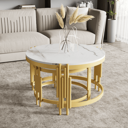 Modulaire Salontafel Set – Koffietafel – Bijzettafel – Ronde Tafels – Marmerlook Tafel – Gouden Metalen Frame – Twee Maten – Licht & Stevig Design