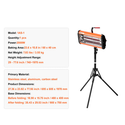 Verf Drooglamp – Infrarood Lamp – Verf Droger – Auto Drooglamp – Drooglamp Staand – 2000W Vermogen – Verstelbare Lampkop