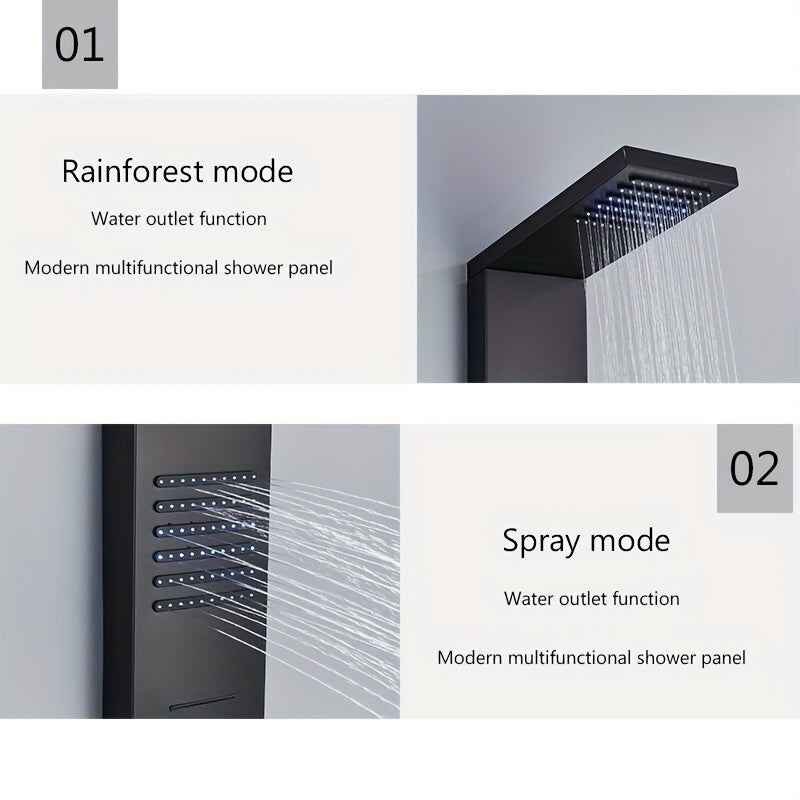 5-in-1 Stainless Steel Shower Panel Tower System with Rainfall Showerhead, Waterfall Spout, Handheld Shower & Tub Spout - High-Pressure Wall-Mounted Bath System, Matte Black Finish, Blue Backlit Controls, Easy Installation (N