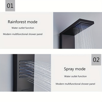 5-in-1 Stainless Steel Shower Panel Tower System with Rainfall Showerhead, Waterfall Spout, Handheld Shower & Tub Spout - High-Pressure Wall-Mounted Bath System, Matte Black Finish, Blue Backlit Controls, Easy Installation (N