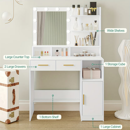 Kaptafel – Make-up Tafel – Vanity – Dressing Table – Cosmeticatafel – Met Spiegel en 10 LED Lampen – Verstelbare Helderheid – 2 Lades & 1 Kast – 3 Planken & 4 Open Vakken – Wit – MDF