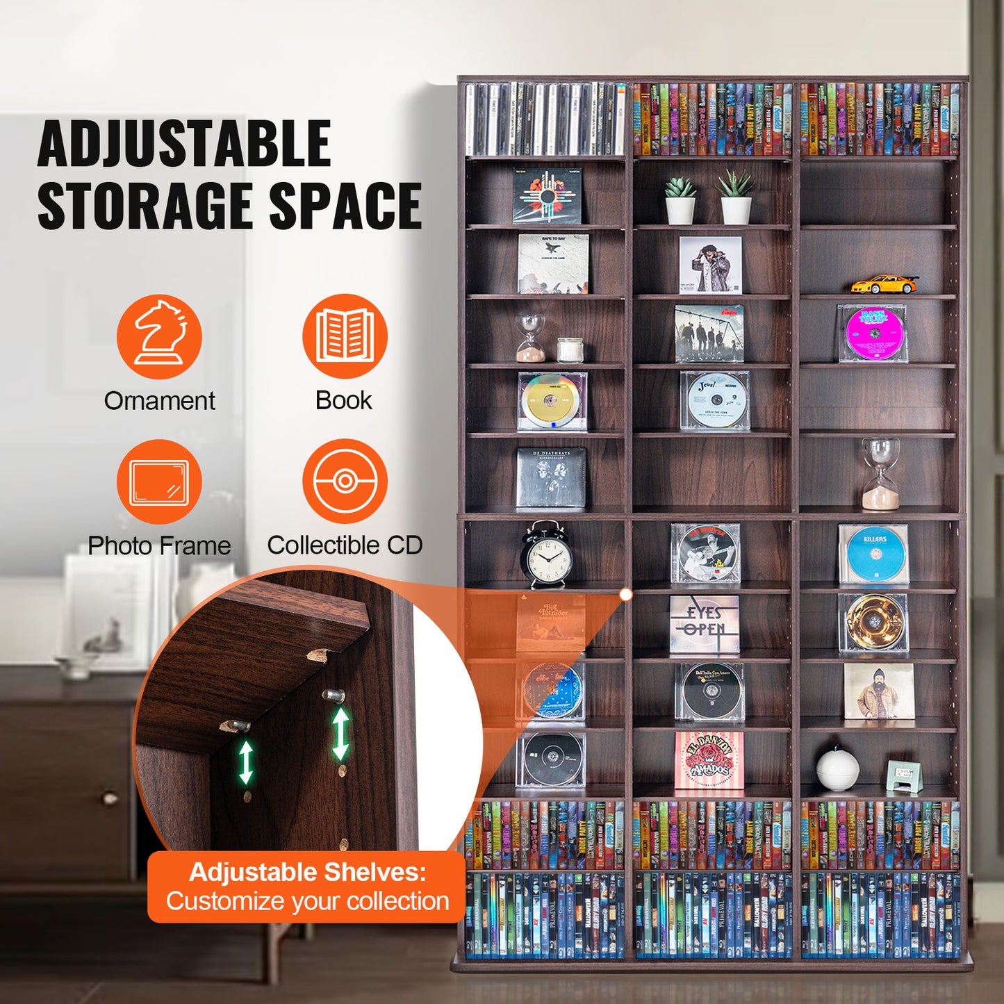 Media Opbergkast – Mediacabinet – Dvd Kast – Cd Rek – Boekenkast – Verstelbare Legplanken – Capaciteit 1080 Cd’s – Stabiele Houten Constructie – Espresso Kleur