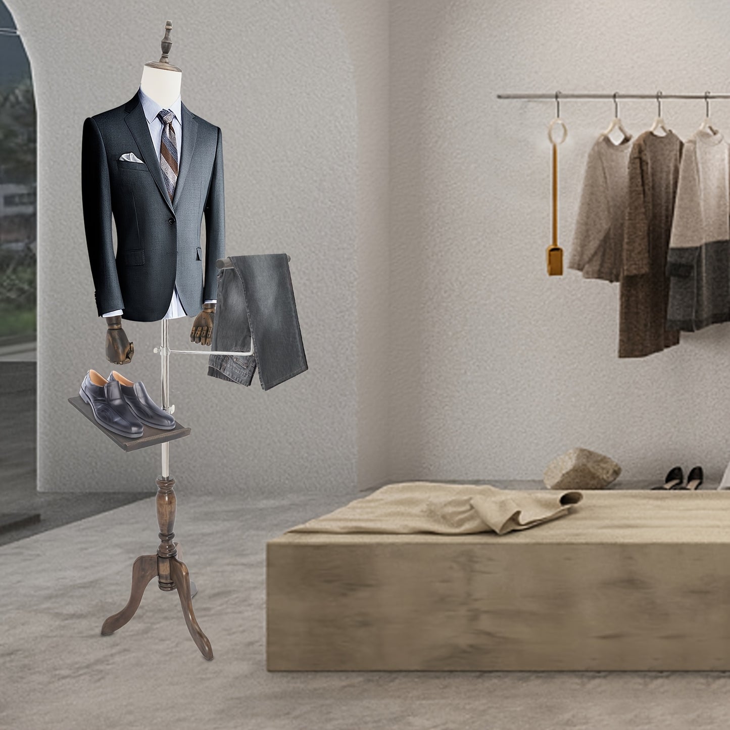 Mannenpaspop – Mannequin – Paspop – Etalagepop – Kleermakerspop – Verstelbare Hoogte 150-180 cm – Wit Kunststof Linnen