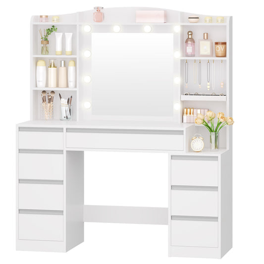 Toilettafel – Kaptafel – Make-up Tafel – Opmaaktafel – Dressoir – 8 Laden – Grote Spiegel met RGB LED Verlichting – 100 cm Breed Tafelblad – Witte Afwerking