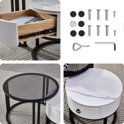 Salontafelset – Salontafels – Bijzettafels – Nesting Tafels – Woonkamertafelset – Glas en keramiek marmerlook – Met leren lade – 60 & 45 cm – Zwart Wit – Modern design – Duurzaam materiaal