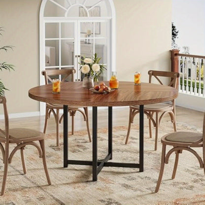 Ronde Eettafel – Keukentafel – Dinertafel – Eettafel Klein – Ronde Tafel – 120 cm Diameter – Houten Blad Met Stalen Kruispoten – Modern Minimalistisch Design