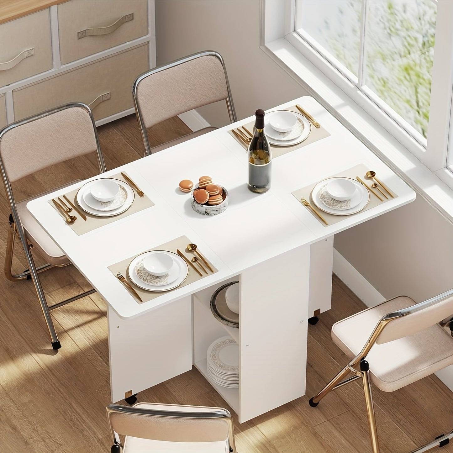 Uittrektafel – Inklapbare Tafel – Uitschuifbare Eettafel – Opklapbare Bureau – Verplaatsbare Werktafel – Wit – Modern – Met Wieltjes En Opbergruimte – 120x70x75 cm – Stevig Hardhout & Spaanplaat