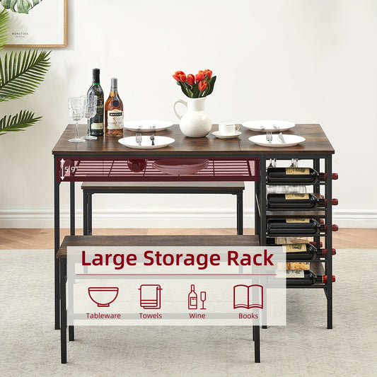 3-delige Eettafelset – Eettafel met Banken – Eetkamer Set – Bankenset – Vintage Grijs – Opbergruimte Onder Tafel – Massief Hout en Metaal