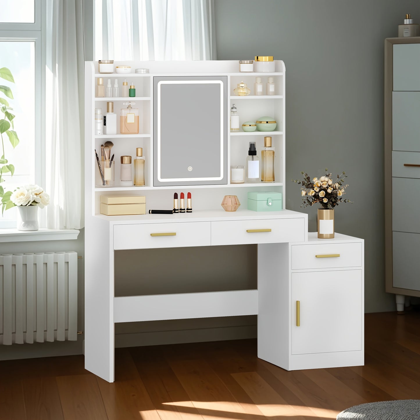 Kaptafel – Make-uptafel – Dressoir – Schminktafel – Slaapkamermeubel – LED-spiegel Met Verstelbare Lichtkleuren – Ruim Tafelblad 130 cm Breed – Wit