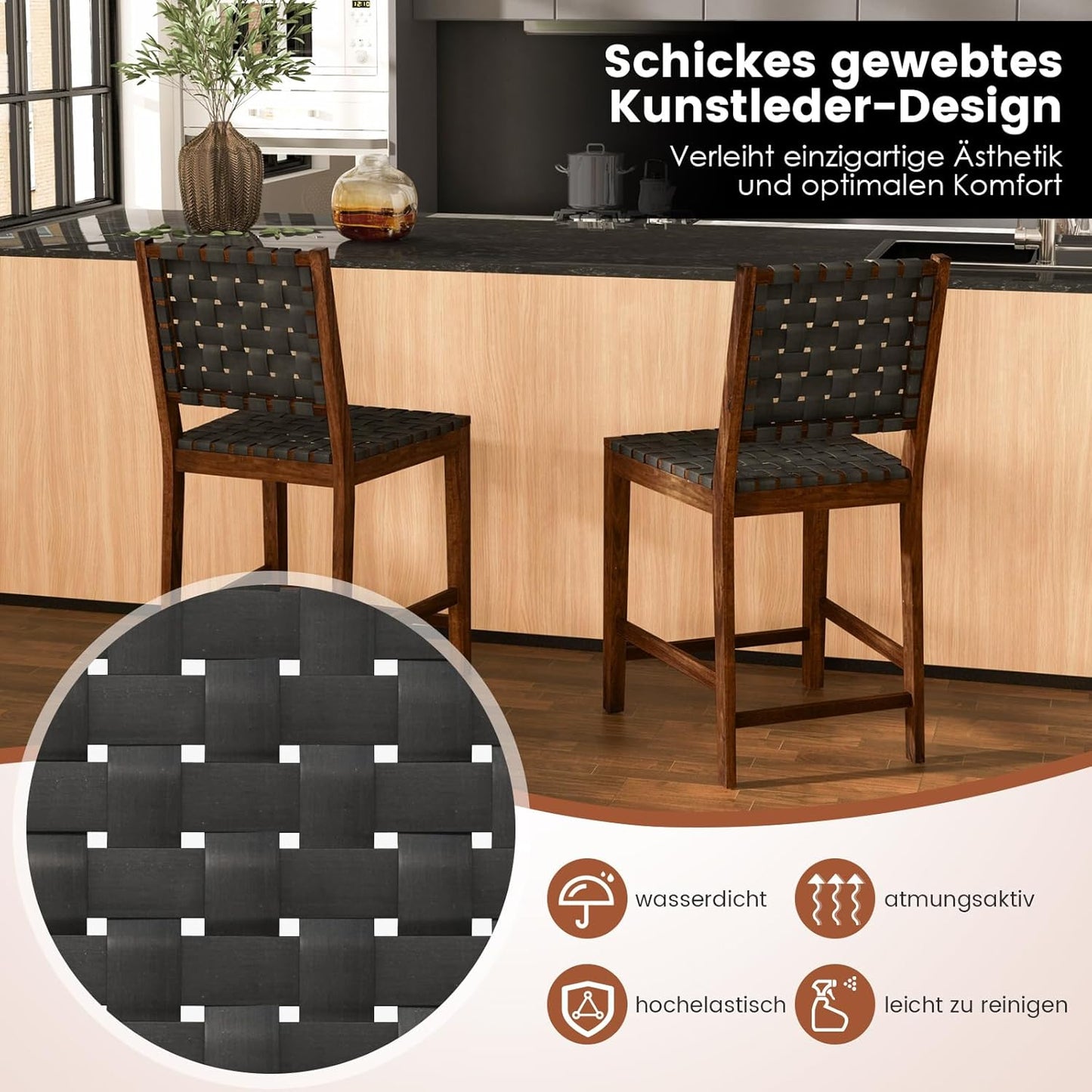 Eetkamerstoel – Keukenstoel – Bistrostoel – Stoel – Zitkruk – Met Gevlochten Kunstleren Rugleuning – Houten Frame – Zithoogte 61 cm – Draagvermogen 150 kg