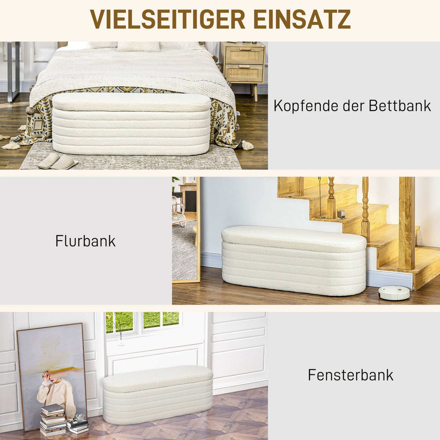Bedbank – Slaapbank – Opberger – Zithoek – Bankje – Teddy Fleece Bekleding – Met Verborgen Opbergruimte – 116x41x40,5 cm – Crèmewit