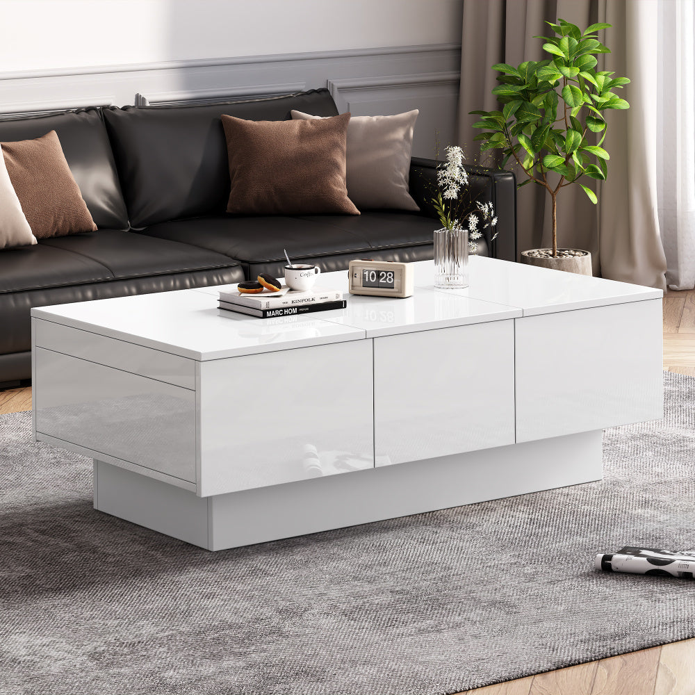 Salontafel – Koffietafel – Witte Tafel – Salontafels – Dressoir – Hoogglans Wit – Schuifbaar Tafelblad – Met 2 Lades en Verborgen Opbergruimte – 100x55x35 cm