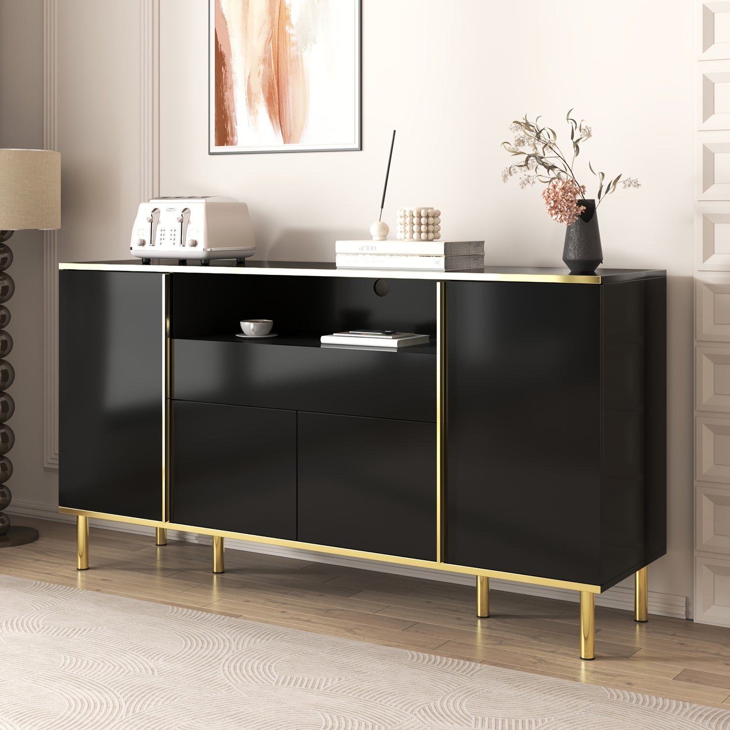 Sideboard, sideboard with four doors, one drawer and a large compartment, space-saving, bedroom chest of drawers, high-gloss sideboard, two colours to choose from, dimensions L150/W40/H80
