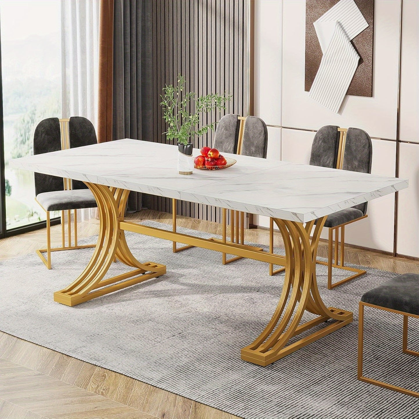 Eettafel – Tafel – Keukentafel – Dinertafel – Eetkamertafel – Rechthoekig – Wit met Gouden Accenten – Met Metalen Trestle Poten – 63 Inch voor 4-6 Personen