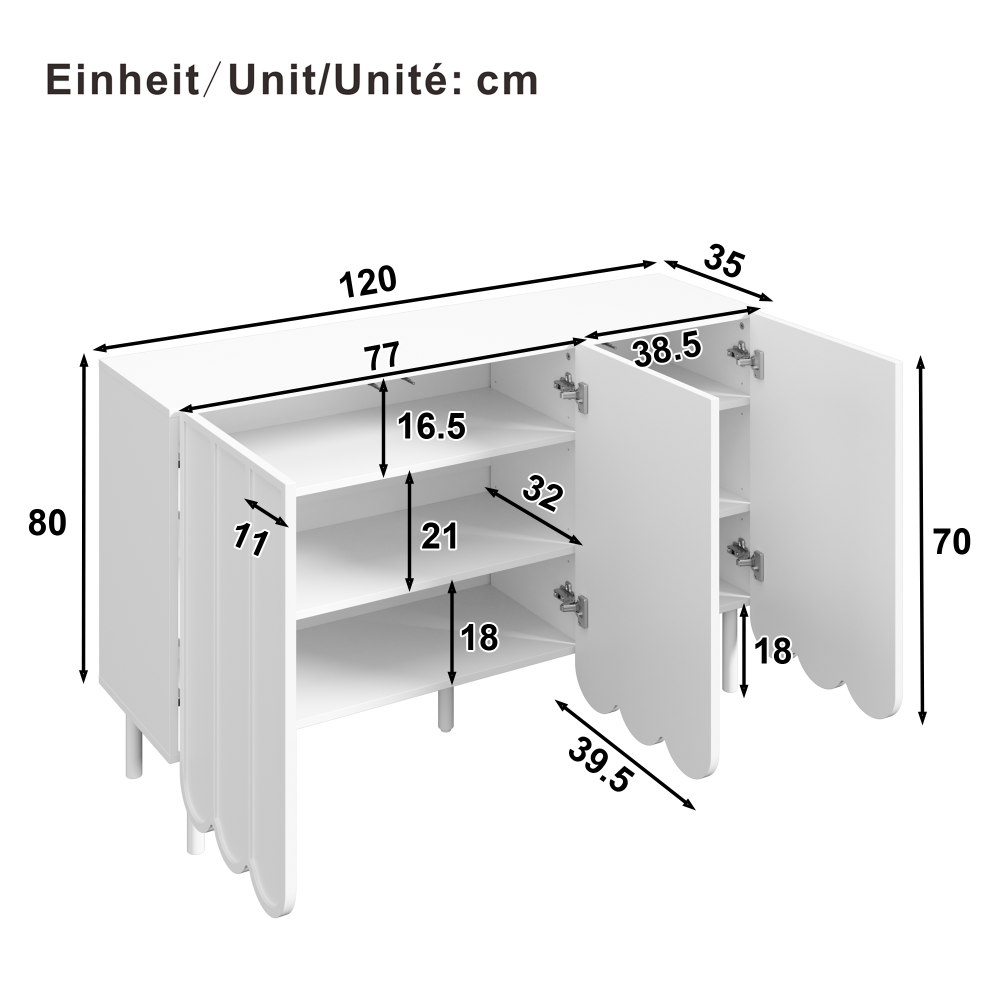 Dressoir – Opbergkast – Ladekast – Buffetkast – Woonkast – Modern wit – Golvende deuren – 120x35x80 cm – Grepenloos design – Verstelbare planken