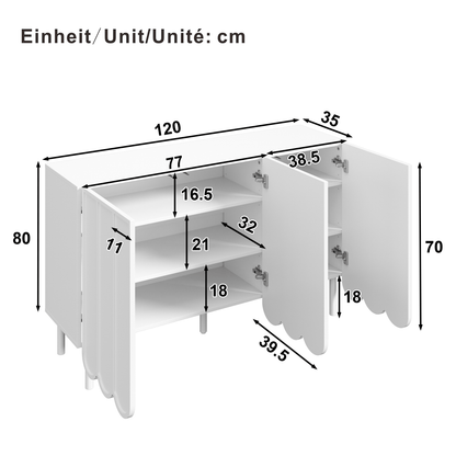 Dressoir – Opbergkast – Ladekast – Buffetkast – Woonkast – Modern wit – Golvende deuren – 120x35x80 cm – Grepenloos design – Verstelbare planken