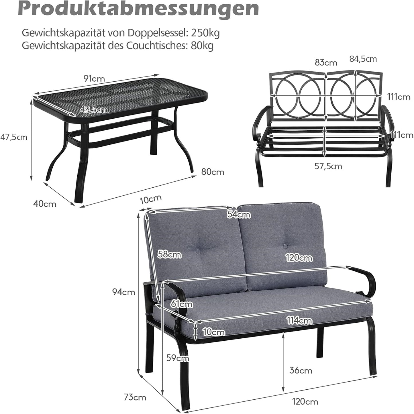 Tuinbank – Buitenbank – Balkonbank – Zitbank – Tuin Zitgroep – Comfortabel Met Kussens – Duurzaam Metalen Frame – Inclusief Koffietafel 120x76 cm