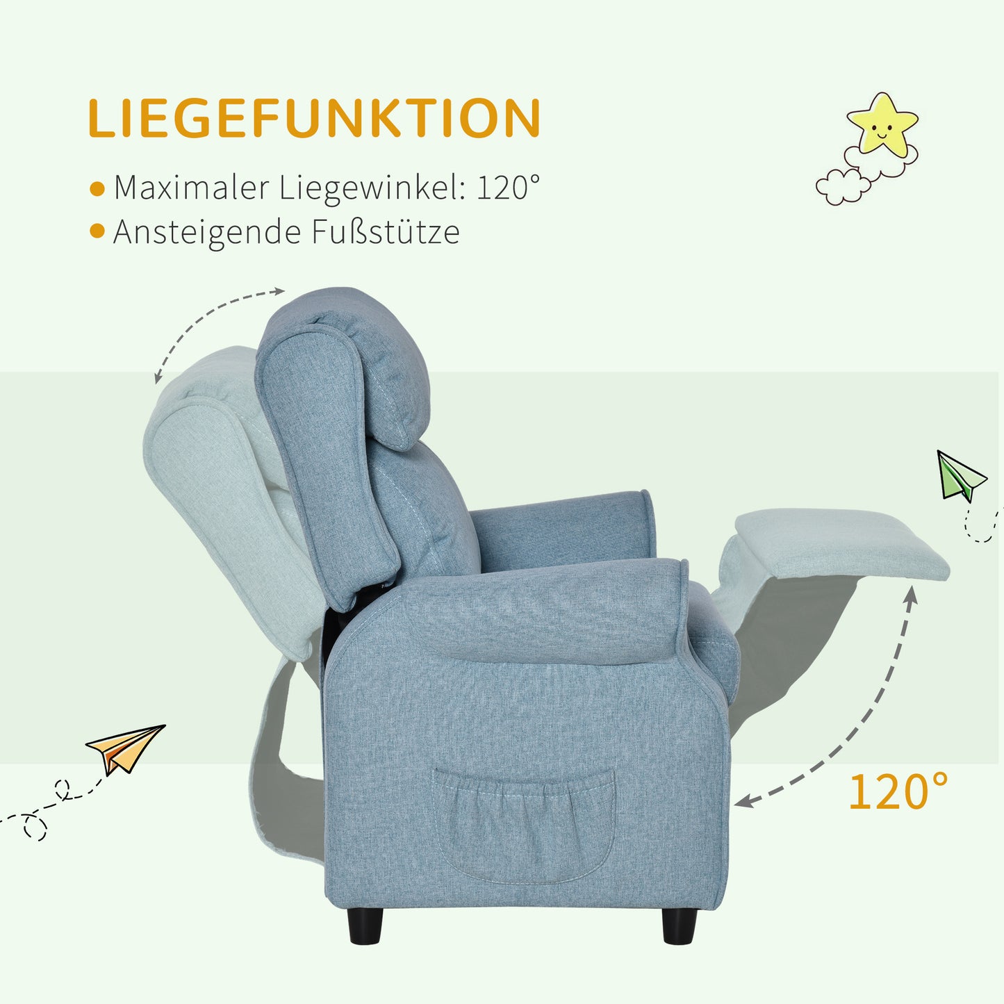 Kinderfauteuil – Kinderstoel – Kindersofa – Kinderbank – Relaxstoel – Verstelbare Rugleuning – Inclusief Voetensteun – Blauw – Compact 58x53x70 cm