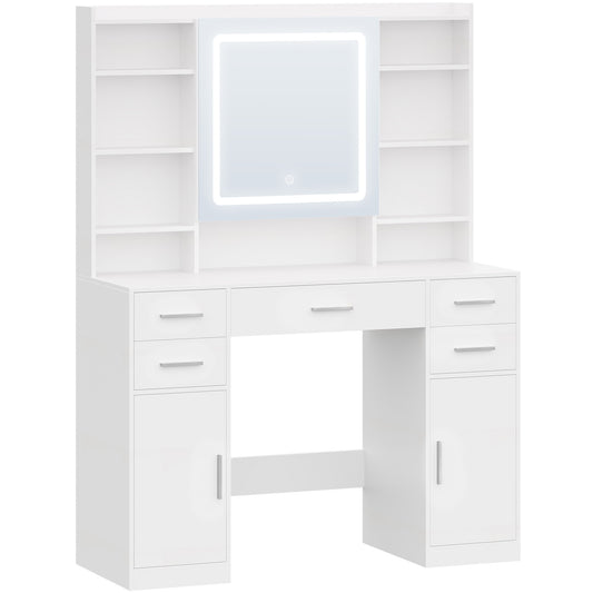 Toilettafel – Kaptafel – Make-up Tafel – Opmaaktafel – Dressoir – Wit – 5 lades + 2 kleine lades – 9 open vakken met verborgen schappen