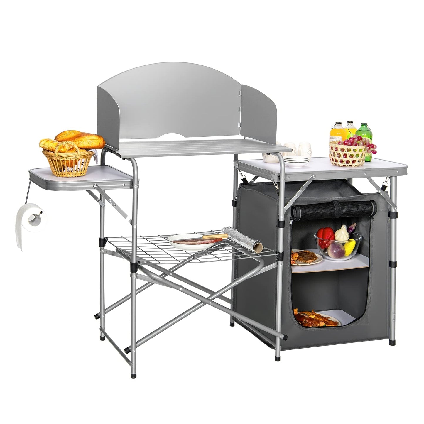 Campingkastje – Campingtafel – Outdoor Kastje – Vouwkastje – Campingmeubel – Aluminium Frame – Windschermen & Opbergtas – Compact & Lichtgewicht