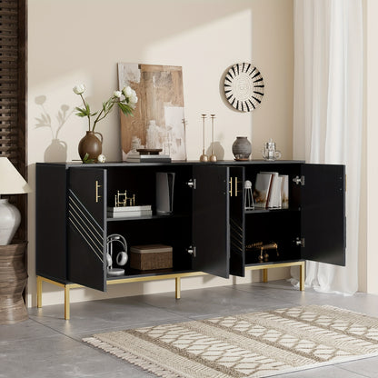 Dressoir – Sideboard – Buffetkast – Opbergkast – Kast – Modern Zwart & Goud – MDF Metalen Poten – 4 Deuren Met Verstelbare Legplanken