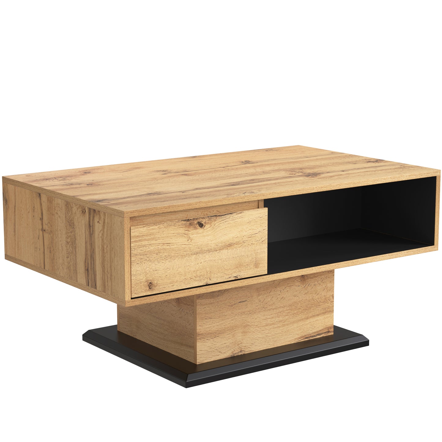 Salontafel – Woonkamertafel – Sofa Tafel – Bijzettafel – Opbergtafel – Eikenlook Melamine – Dubbelzijdige Opbergruimte & Handvatloze Lade – 100x60x47 cm
