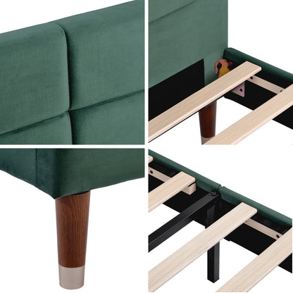 Double Bed with Slatted Frame - Dark Green Upholstered Headboard, Sturdy No-Assembly Bed Frame, Heavy-Duty Construction for Adults & Teens - Mattress Not Included - Ideal for Modern, Headboard Cover For Bed Padded, Headboard